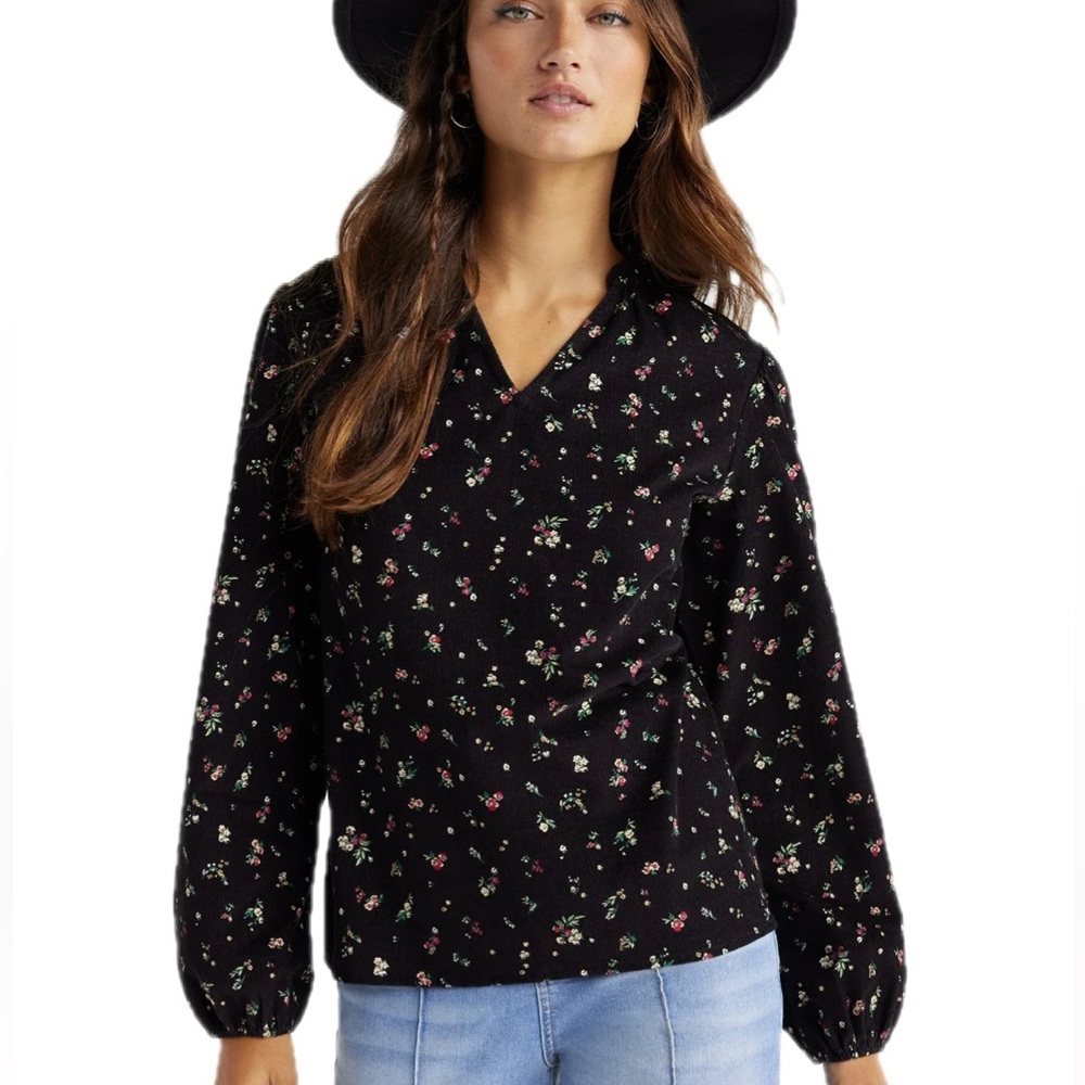Time and Tru Black Floral Corduroy Blouse - Picture 1 of 4